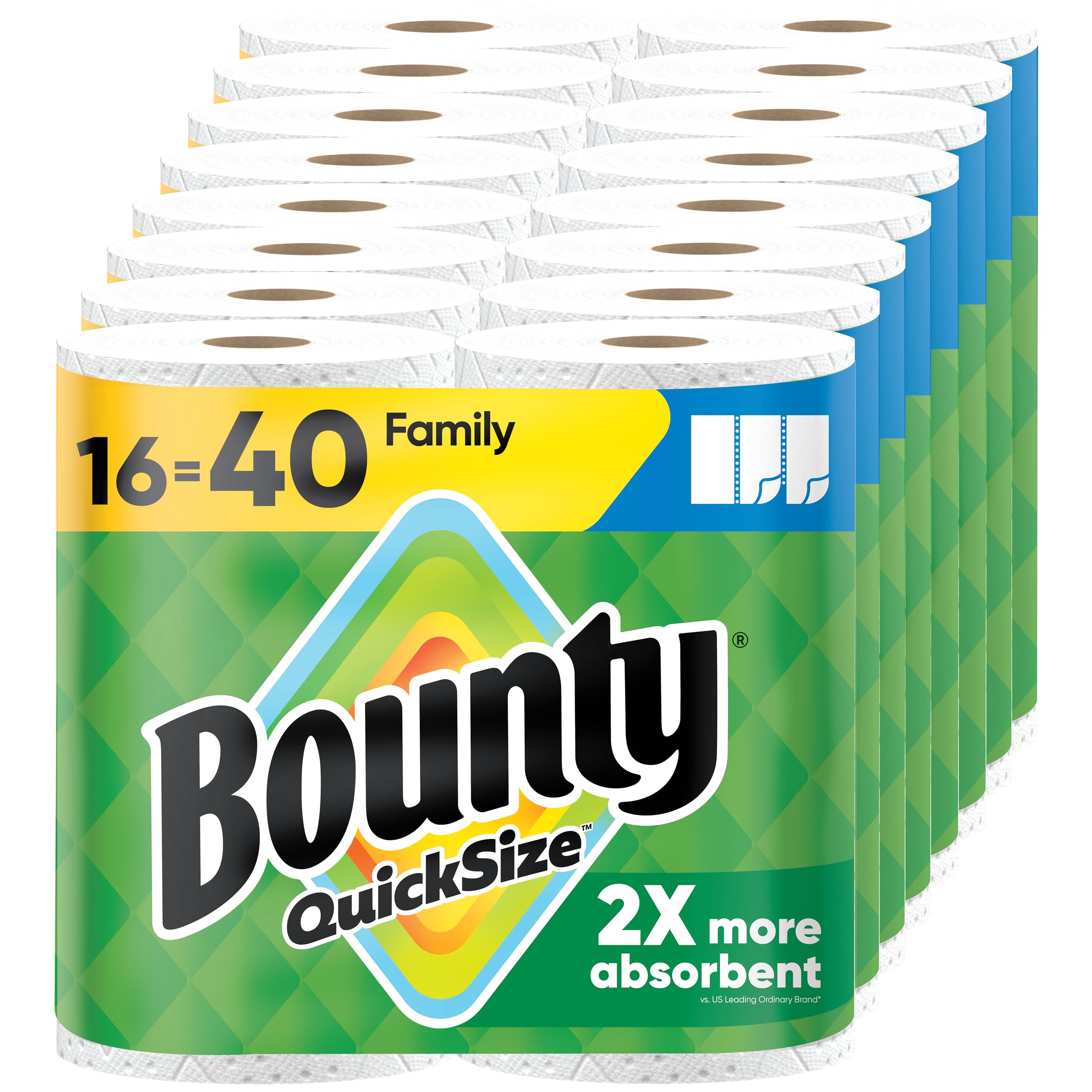 Bounty Paper Towels Quick Size, White, 16 Family Rolls = 40 Regular