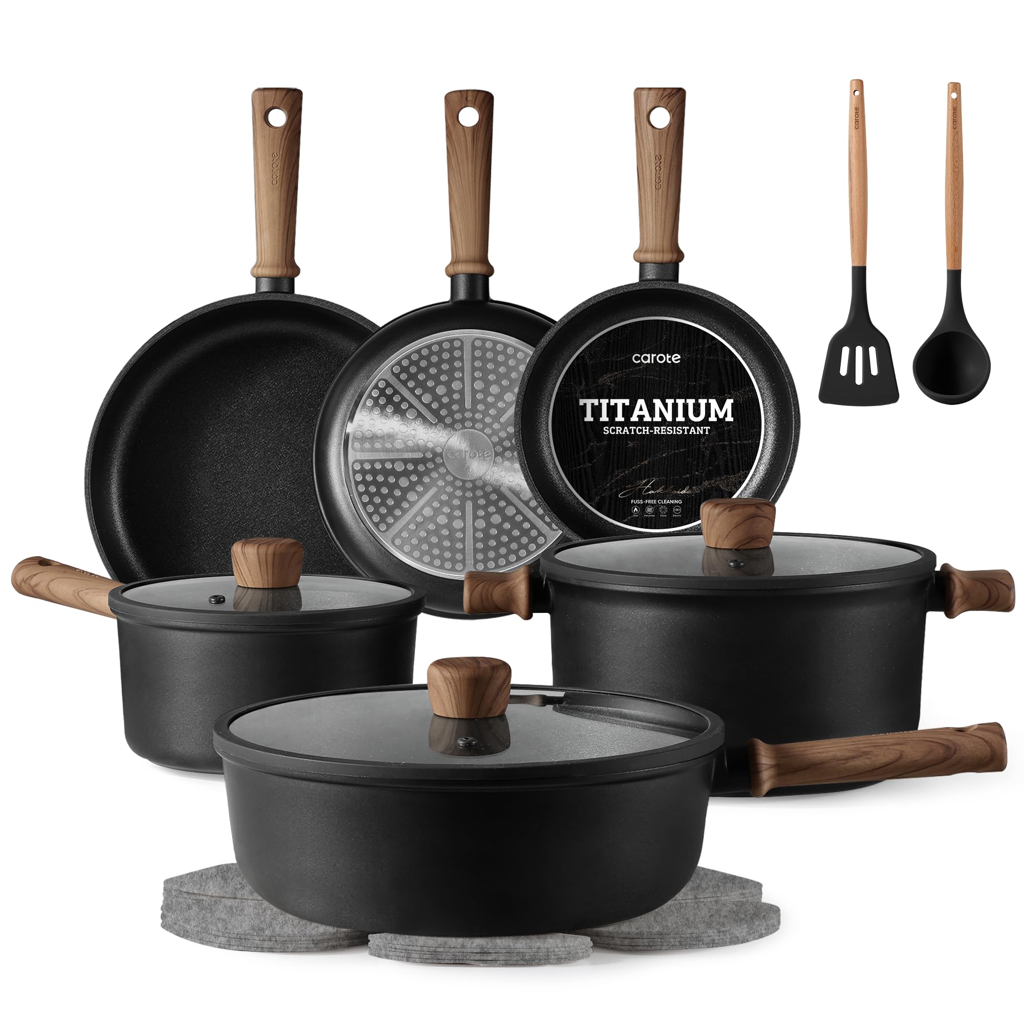 CAROTE Nonstick Pots and Pans, Induction Titanium Cookware Set 16pcs Kitchen Cooking