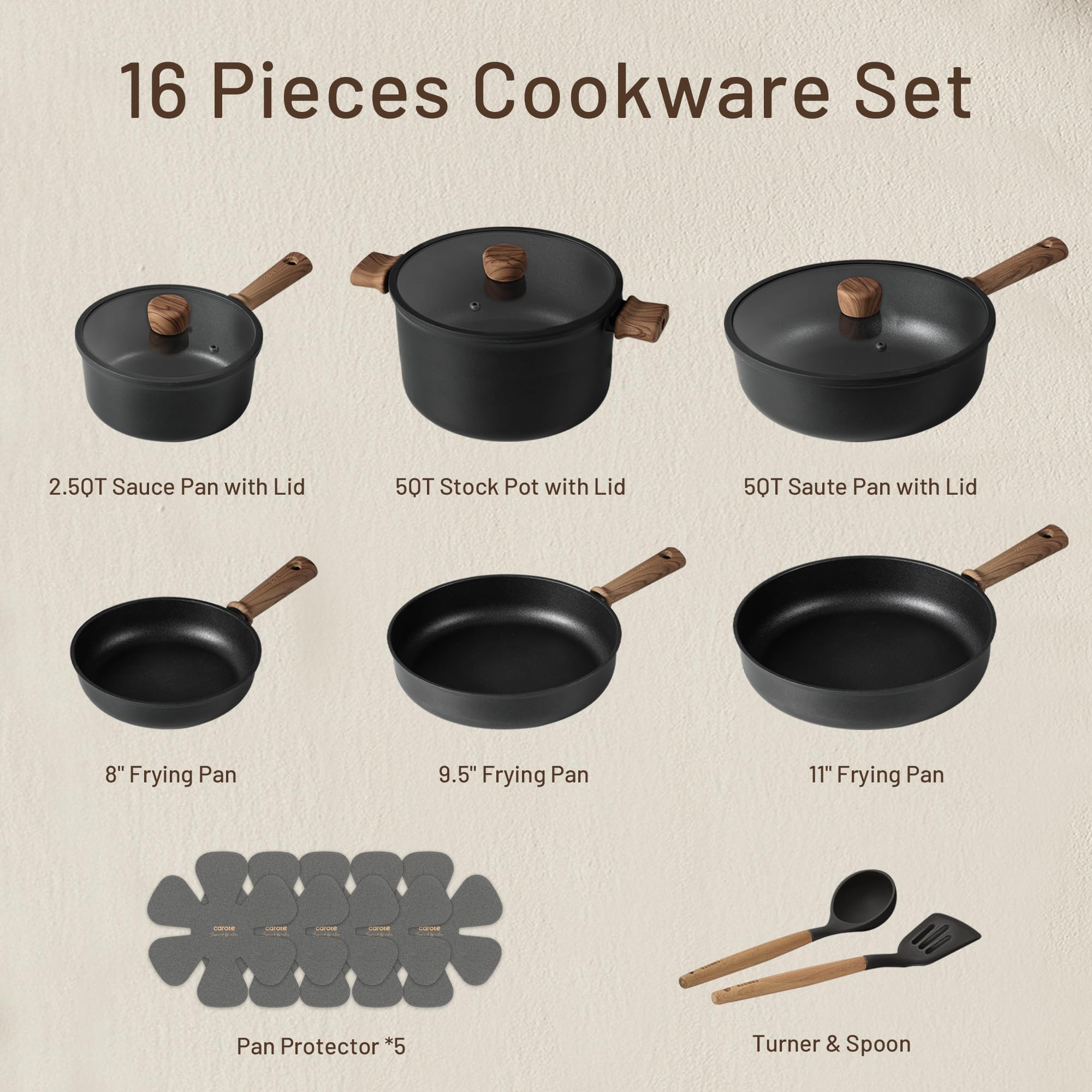 CAROTE Nonstick Pots and Pans, Induction Titanium Cookware Set 16pcs Kitchen Cooking thumbnail 2