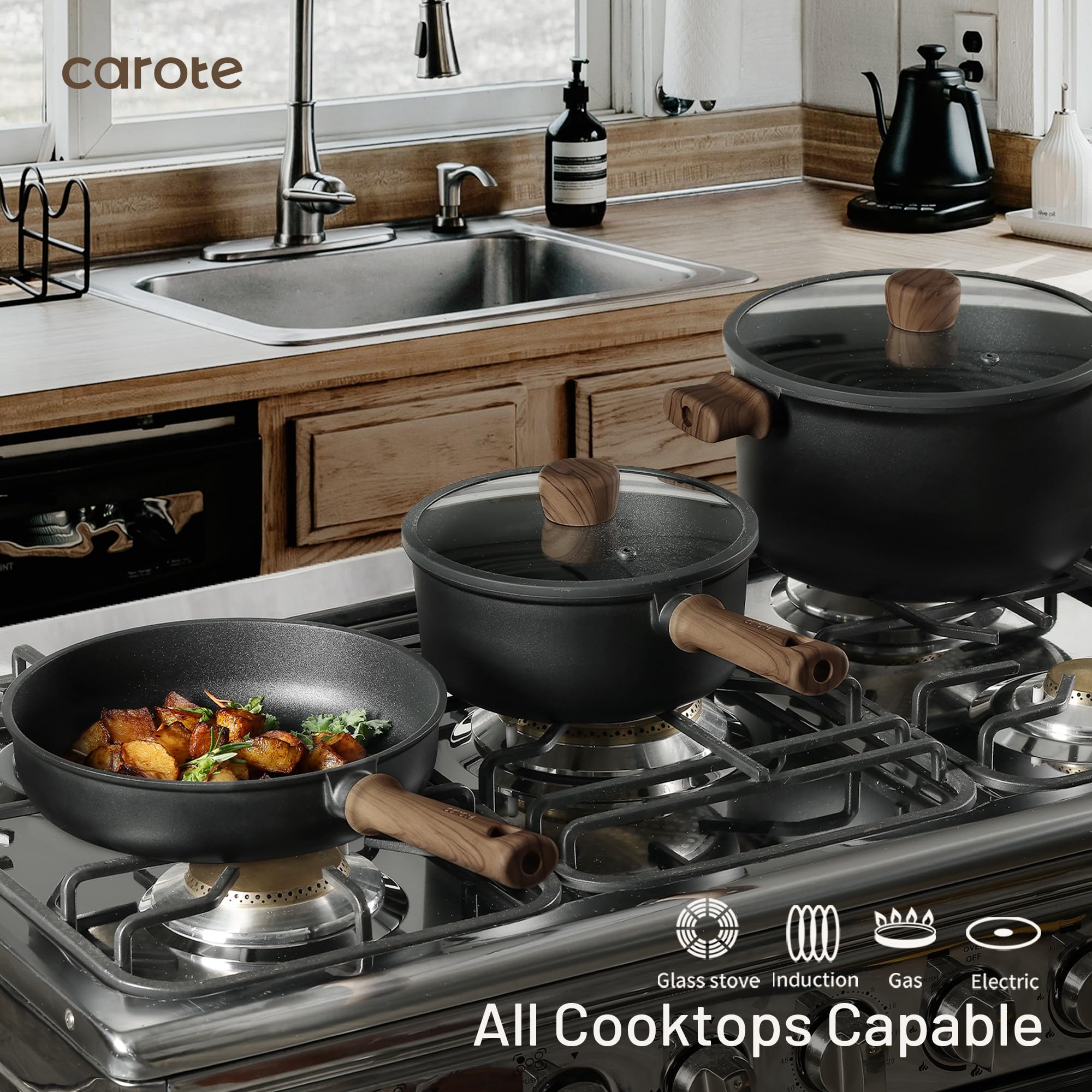 CAROTE Nonstick Pots and Pans, Induction Titanium Cookware Set 16pcs Kitchen Cooking thumbnail 5