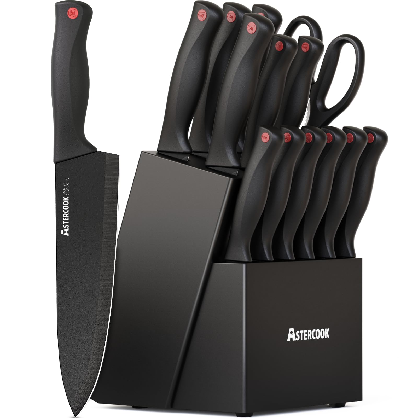 Knife Set, Astercook 15 Pieces Knife Sets for Kitchen w/ Block, Dishwasher