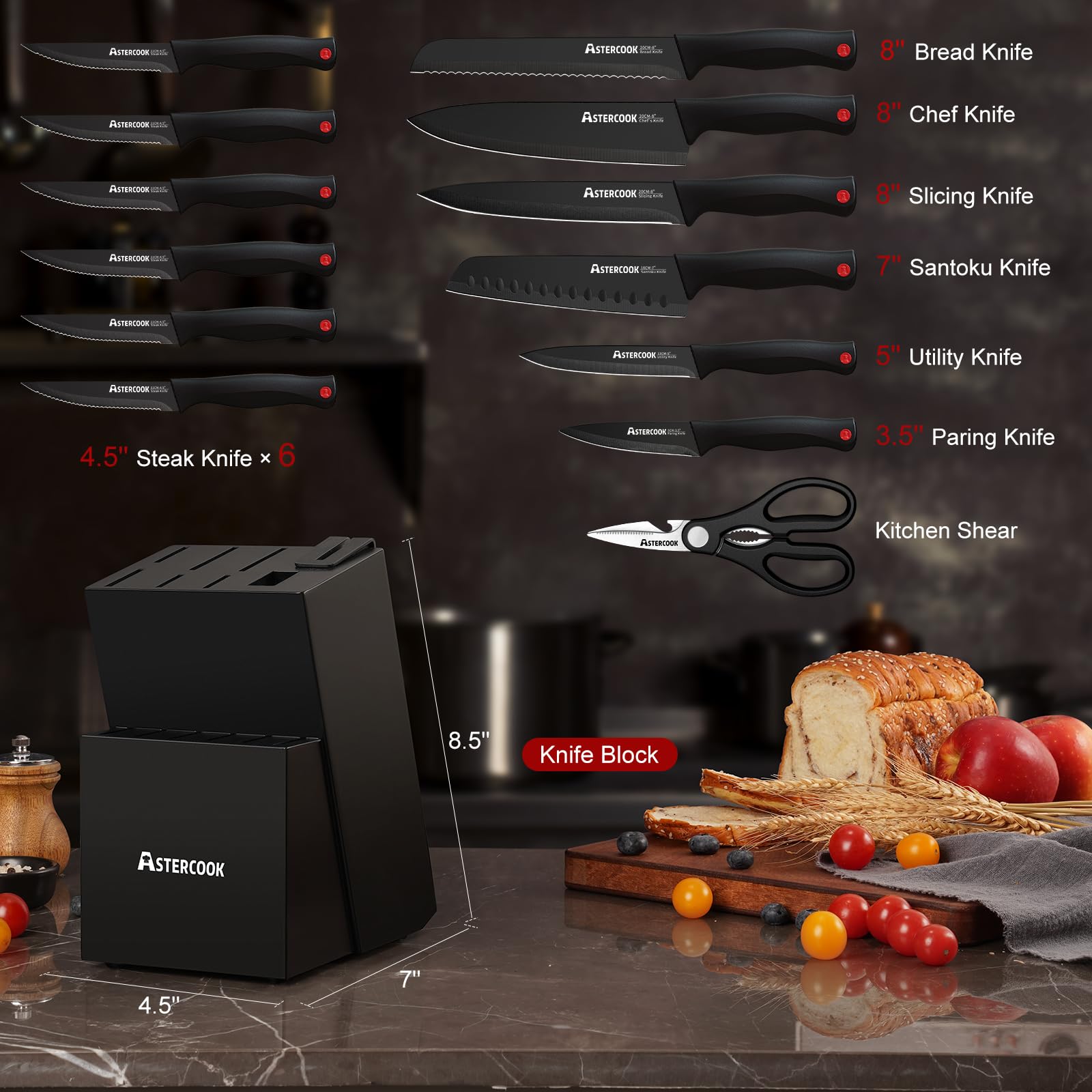 Knife Set, Astercook 15 Pieces Knife Sets for Kitchen w/ Block, Dishwasher thumbnail 2