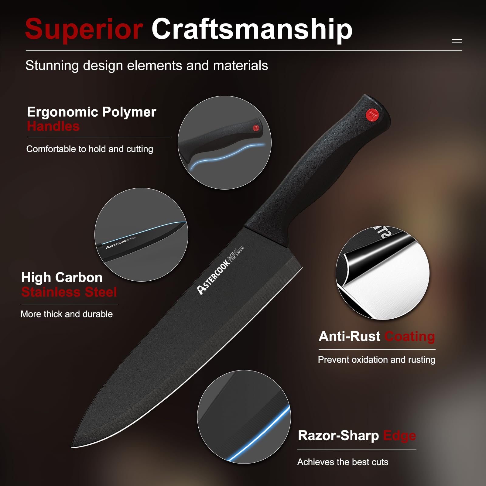 Knife Set, Astercook 15 Pieces Knife Sets for Kitchen w/ Block, Dishwasher thumbnail 3