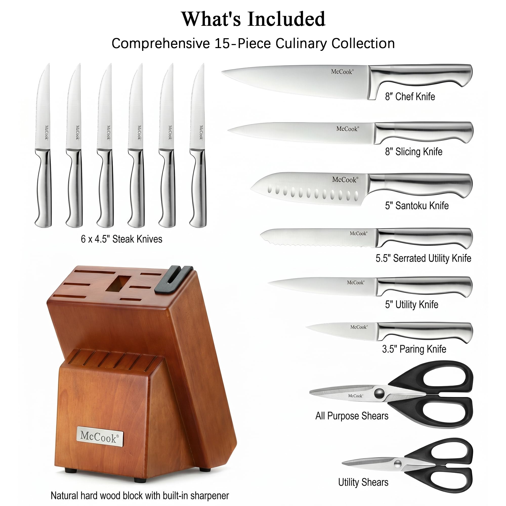McCook® Knife Sets, German Stainless Steel Kitchen Knife Block Sets w/ Built-in thumbnail 2