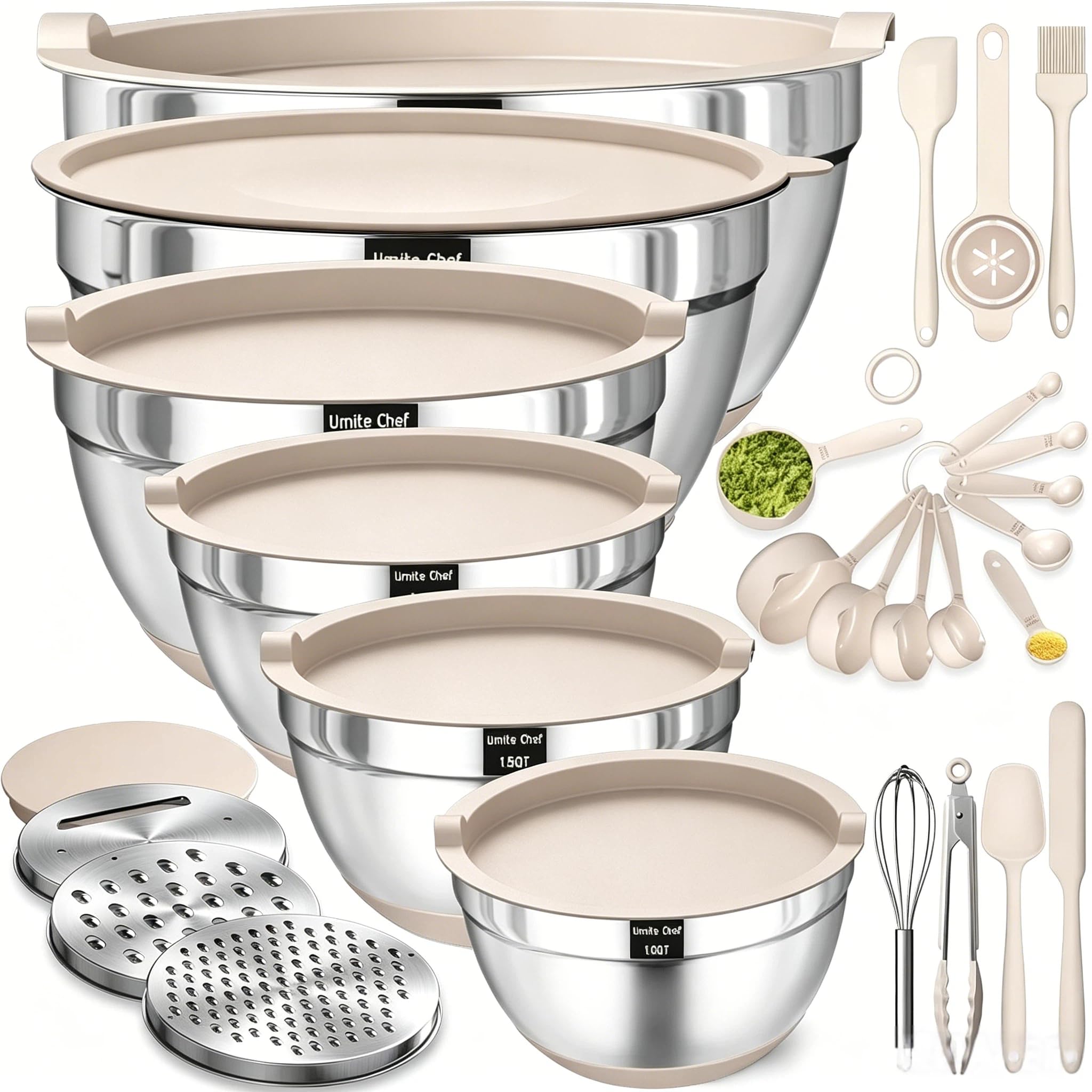 Mixing Bowls w/ Airtight Lids Set, 26PCS Stainless Steel Khaki Bowls w/