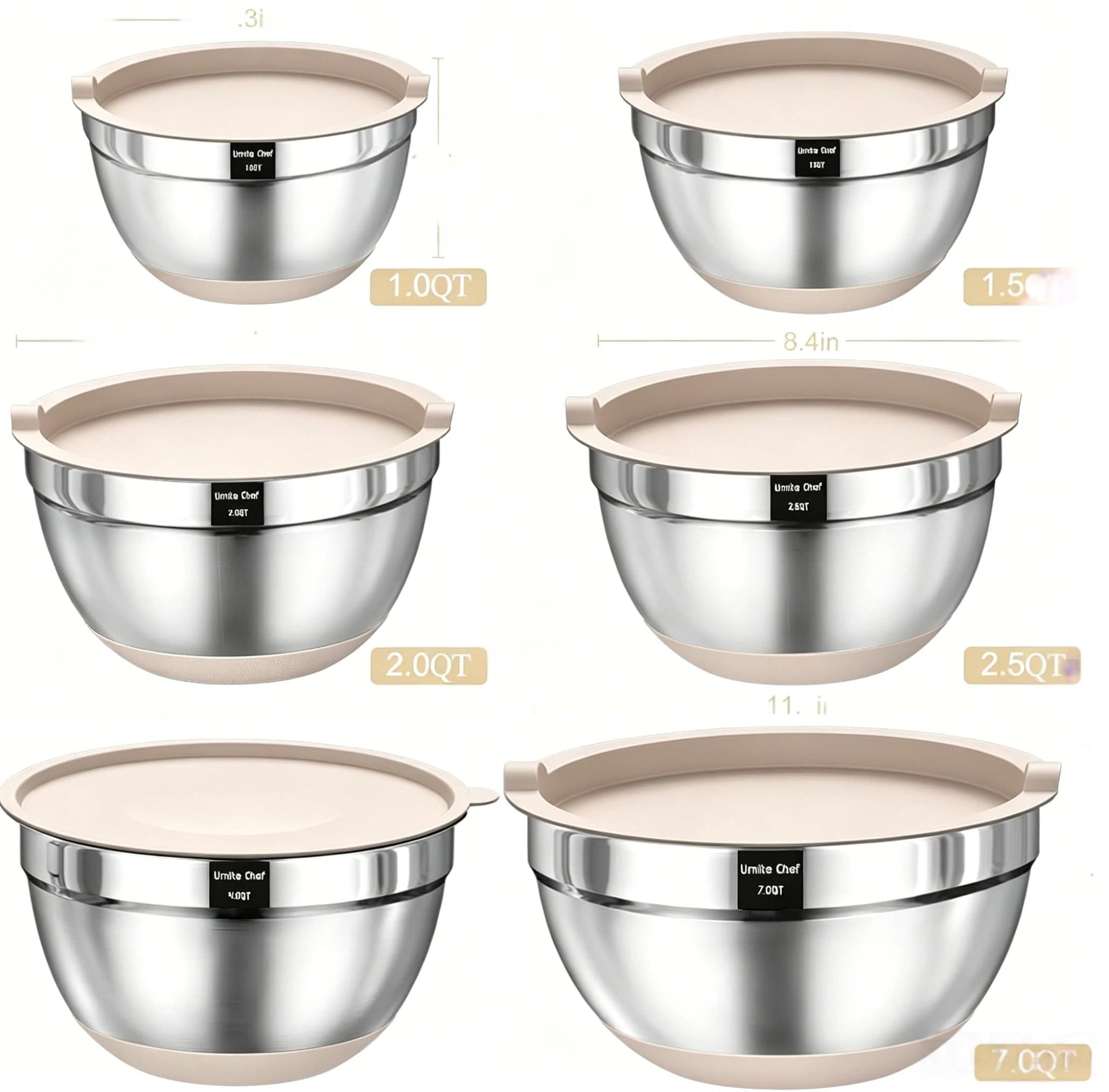 Mixing Bowls w/ Airtight Lids Set, 26PCS Stainless Steel Khaki Bowls w/ thumbnail 2