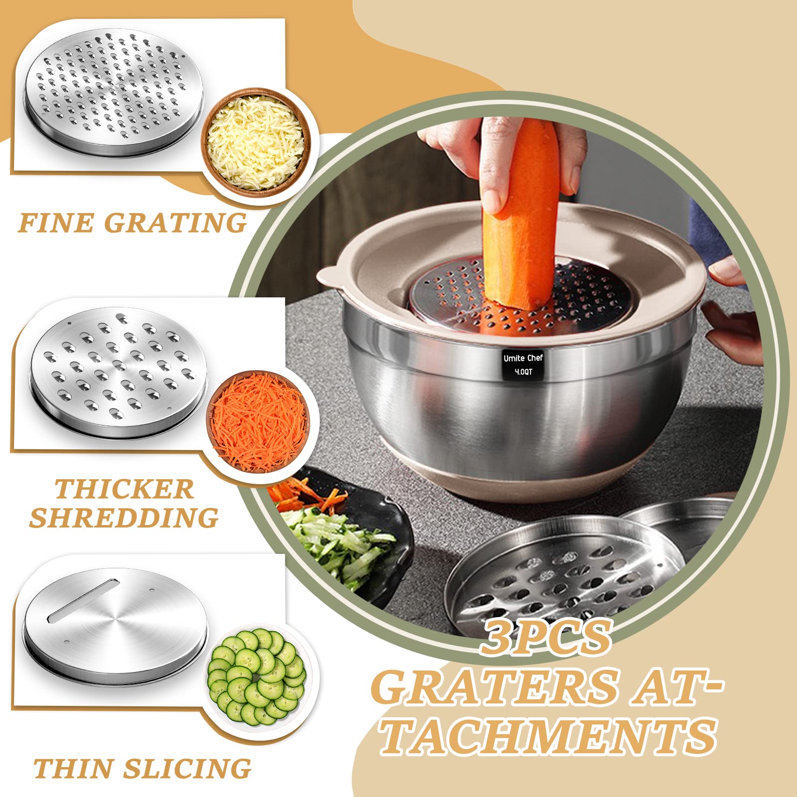 Mixing Bowls w/ Airtight Lids Set, 26PCS Stainless Steel Khaki Bowls w/ thumbnail 3