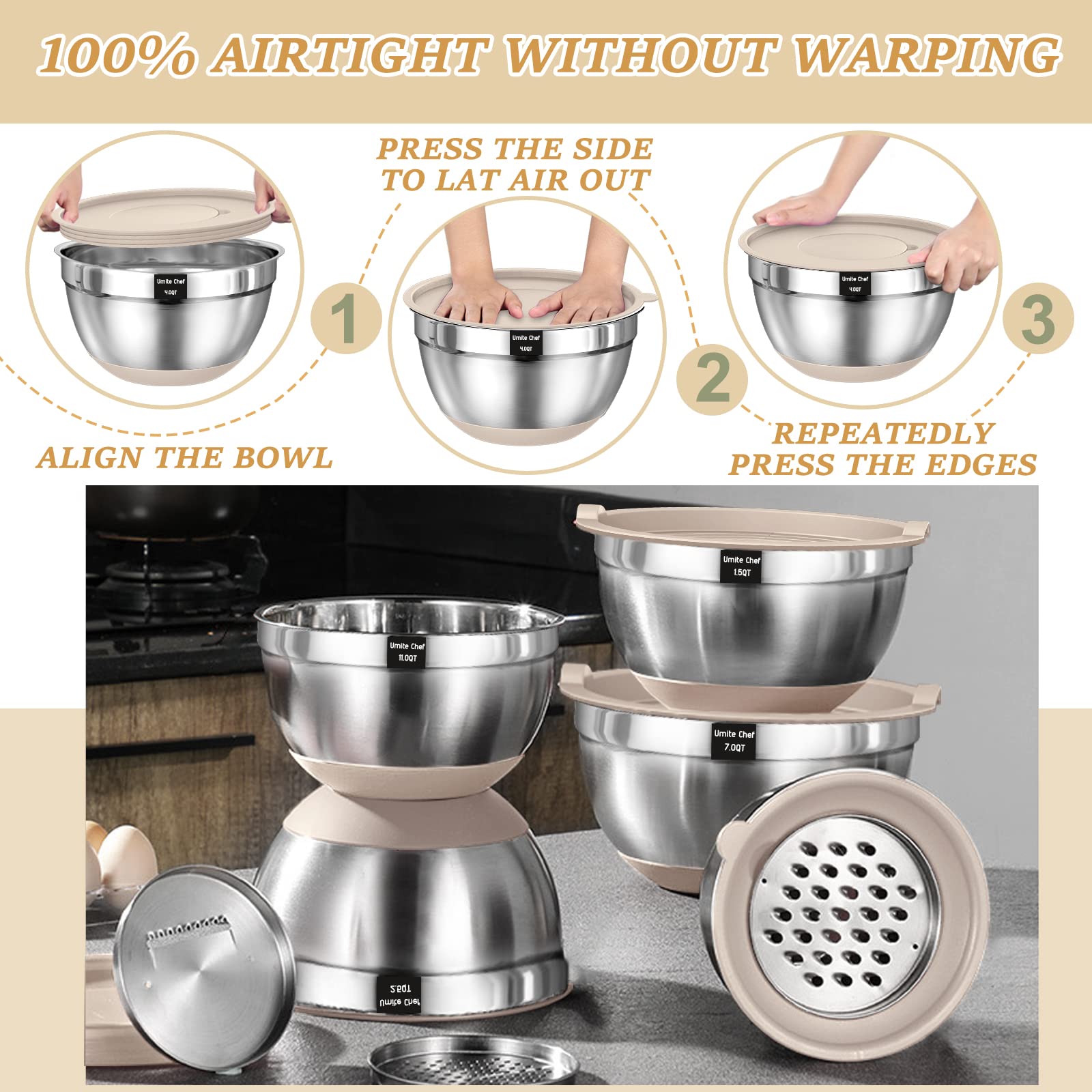 Mixing Bowls w/ Airtight Lids Set, 26PCS Stainless Steel Khaki Bowls w/ thumbnail 6