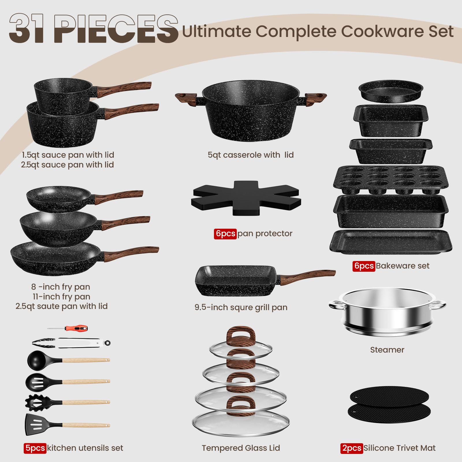 Pots and Pans Set Non Stick, 31 Piece Kitchen Induction Cookware & thumbnail 2