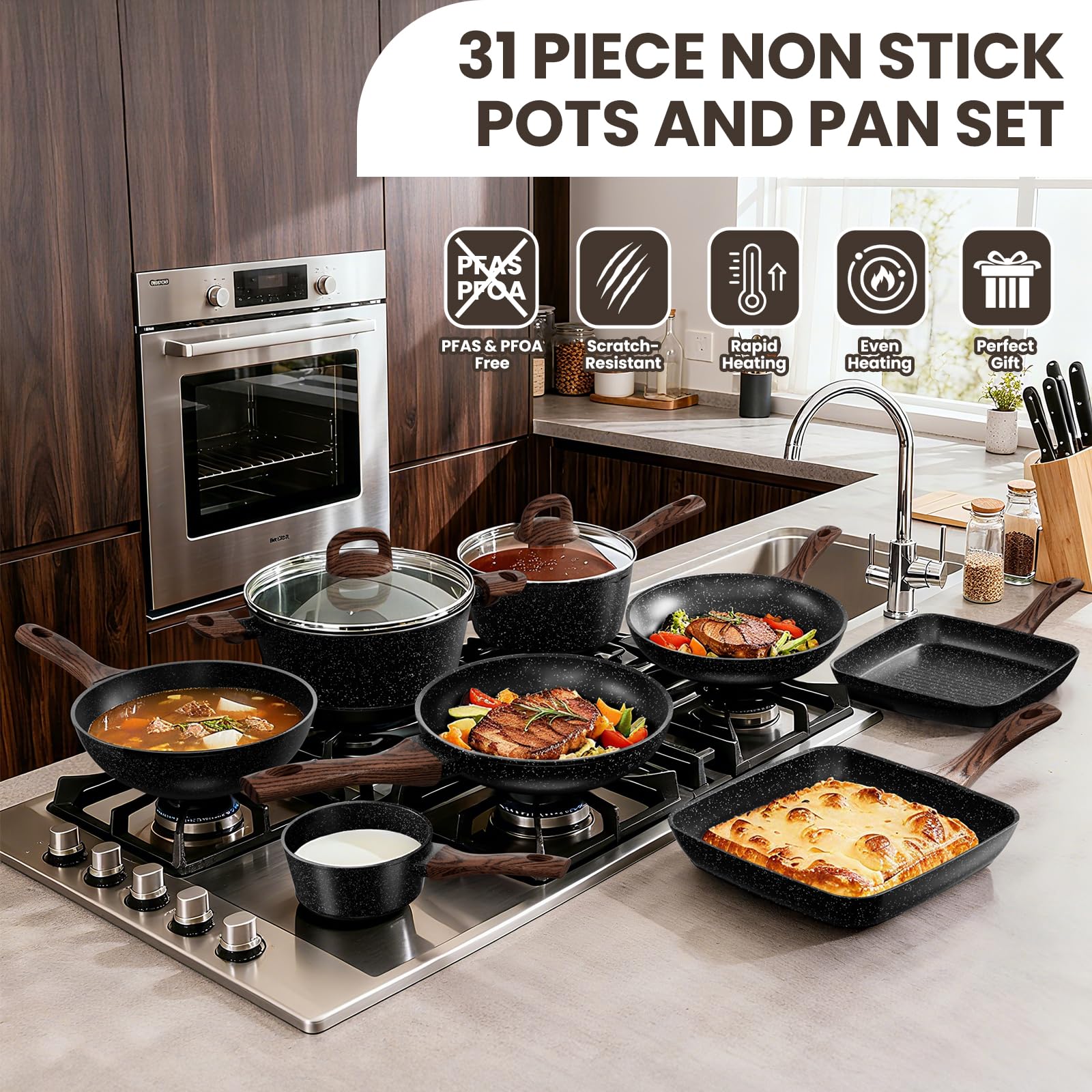 Pots and Pans Set Non Stick, 31 Piece Kitchen Induction Cookware & thumbnail 5