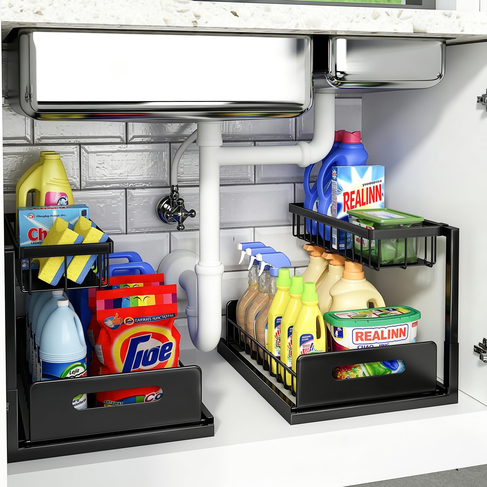 REALINN L-Shaped 2-Tier Under Sink Organizer