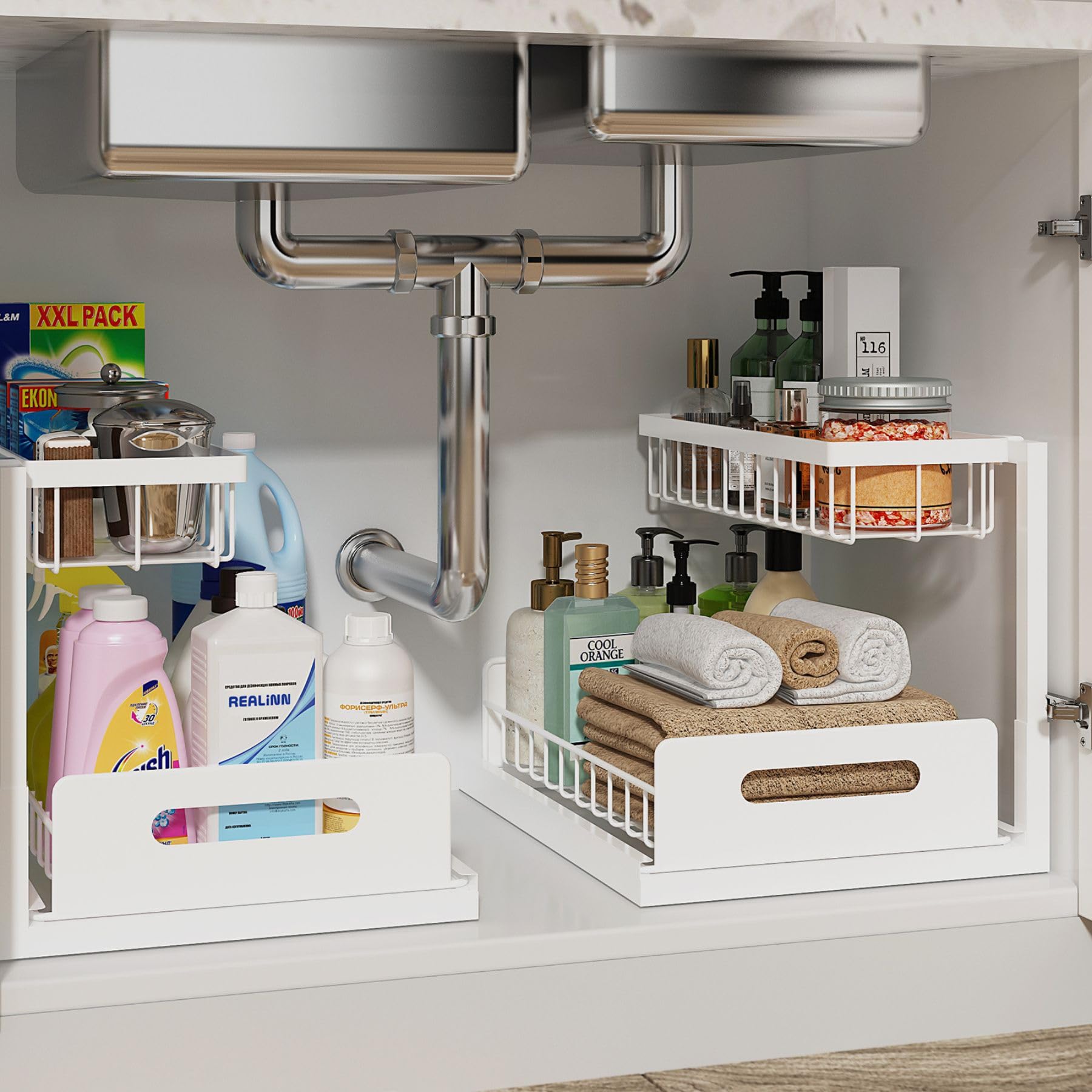 REALINN Under Sink Organizer, Pull Out Cabinet Organizer, 2 Tier Metal Slide