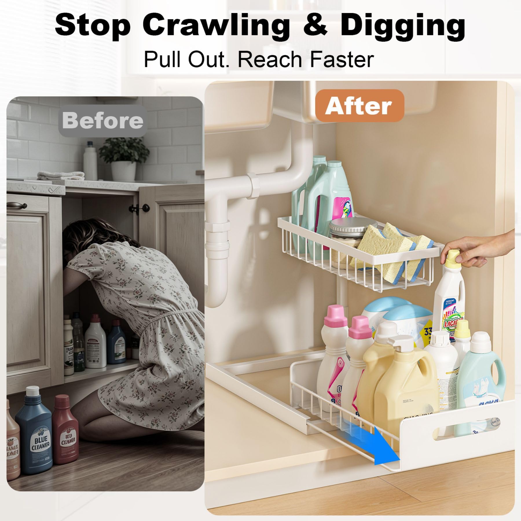 REALINN Under Sink Organizer, Pull Out Cabinet Organizer, 2 Tier Metal Slide thumbnail 4